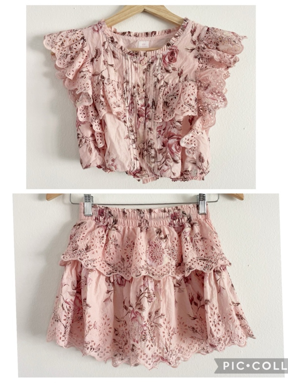 LoveShackFancy Gap Pink Floral Eyelet Ruffle Top & Skirt Set